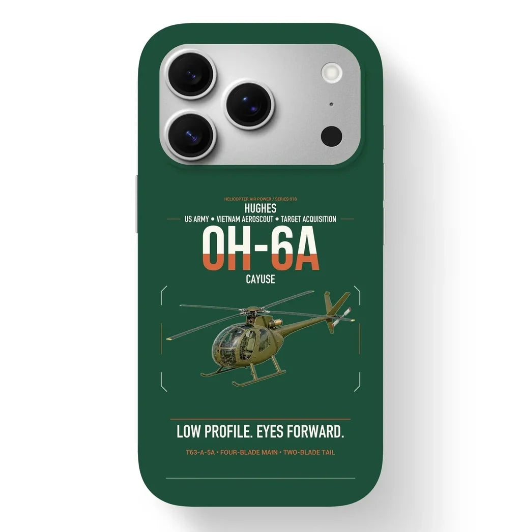 Hughes OH-6A Cayuse design on dark green magsafe iphone case, for iPhone 17 Pro
