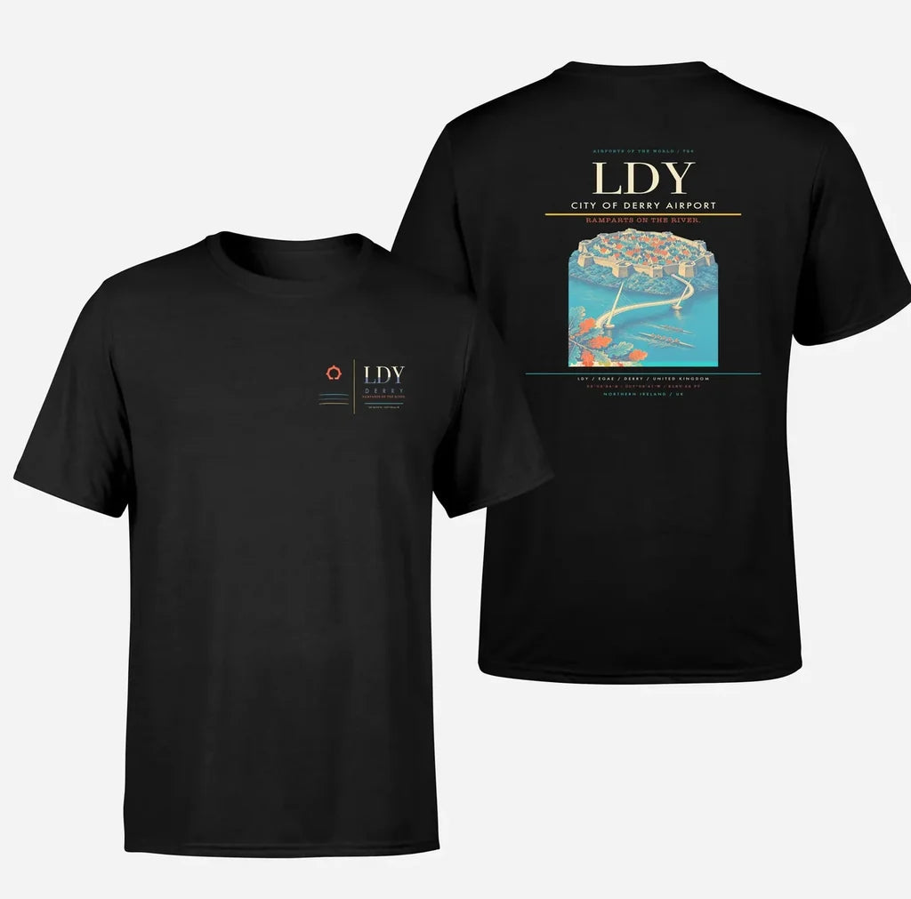 City of Derry Airport (LDY) design printed on black double-side t-shirt