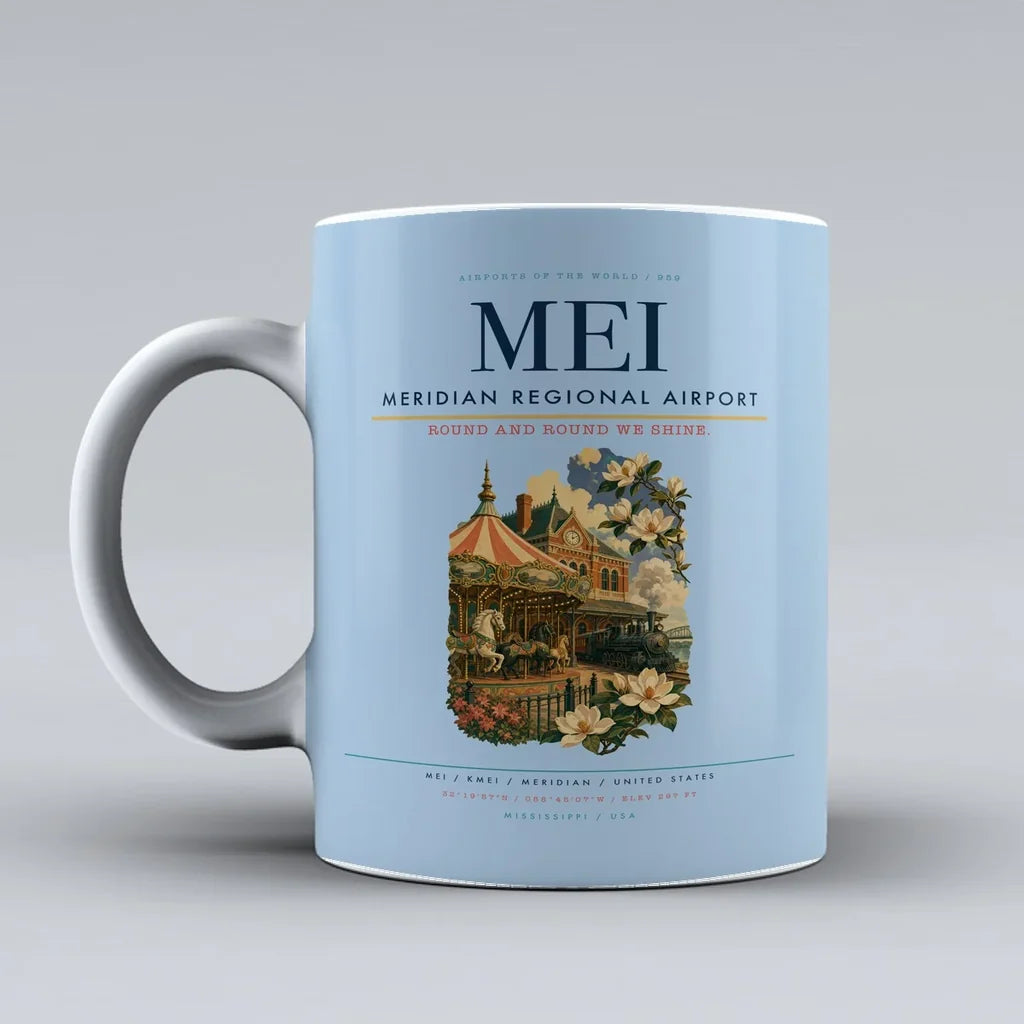 Meridian Regional Airport (MEI) airport code design on light blue ceramic mug