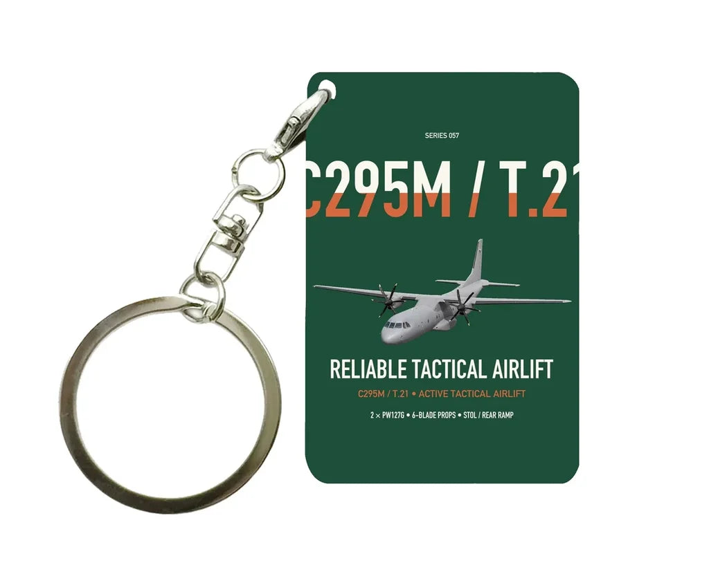 Airbus C295M T.21 design on dark green designed key chain, double-side print