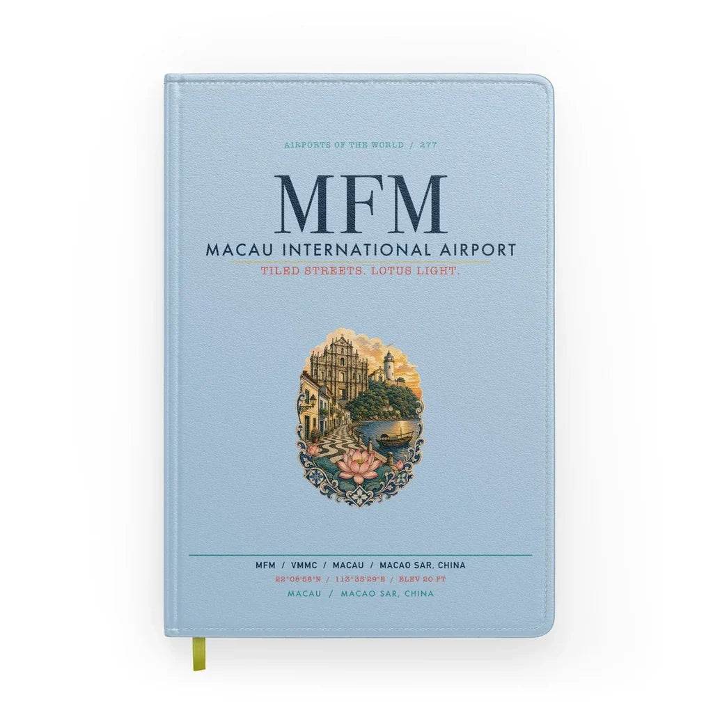Macau International Airport (MFM) design on light blue notebook