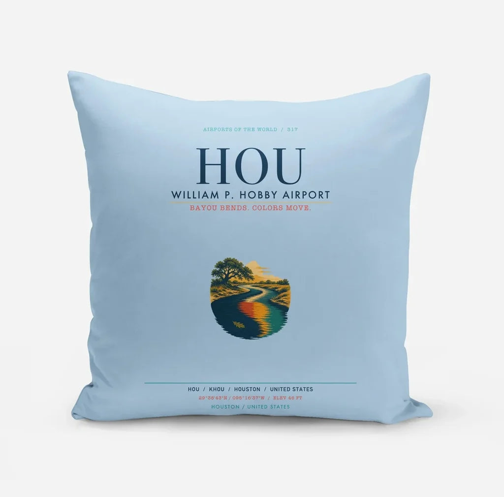 William P. Hobby Airport (HOU) design on light blue pillow