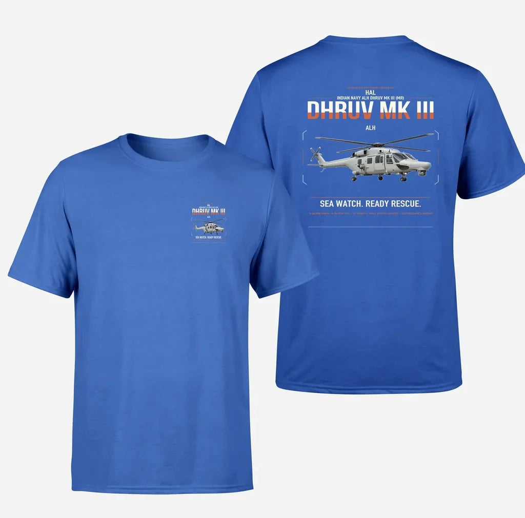 HAL ALH Dhruv Mk III design on blue t-shirt, double-side print