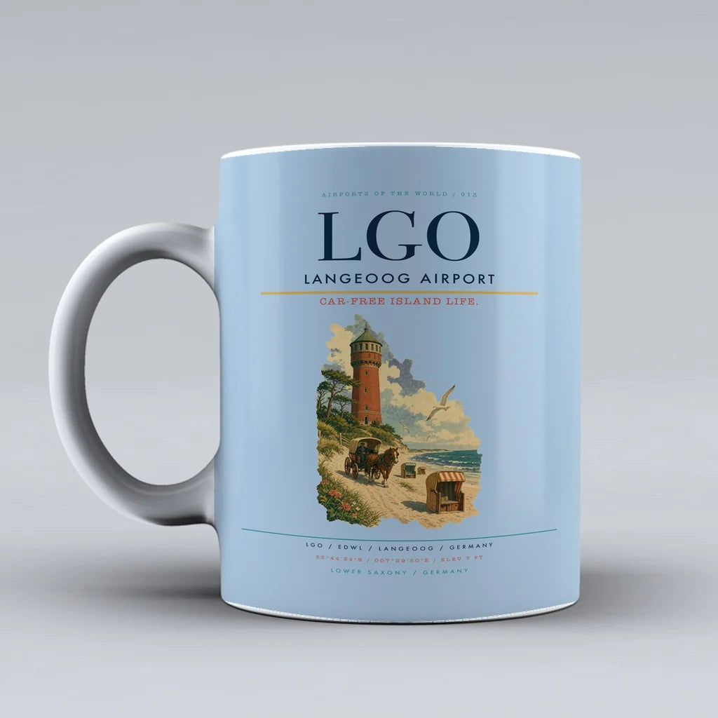 Langeoog Airport (LGO) airport code design on light blue ceramic mug