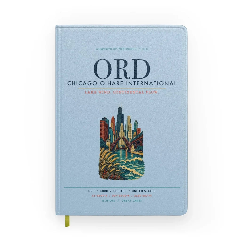 Chicago O'Hare International Airport (ORD) design on light blue notebook
