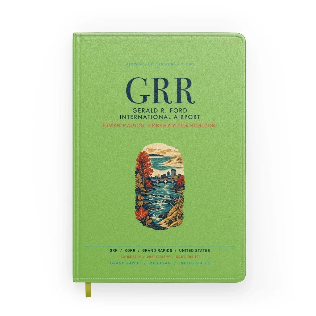 Gerald R. Ford International Airport Grand Rapids (GRR) design on light green notebook