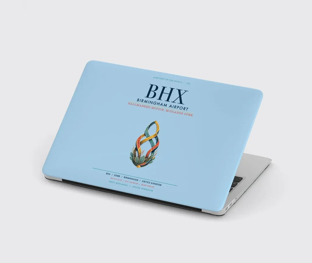 Birmingham Airport (BHX) design on light blue MacBook case