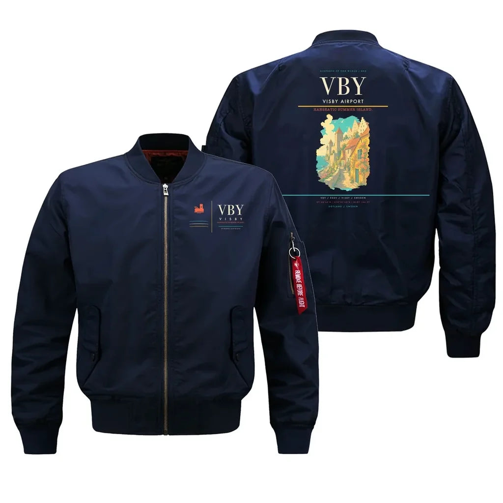Visby Airport (VBY) design on blue bomber jacket