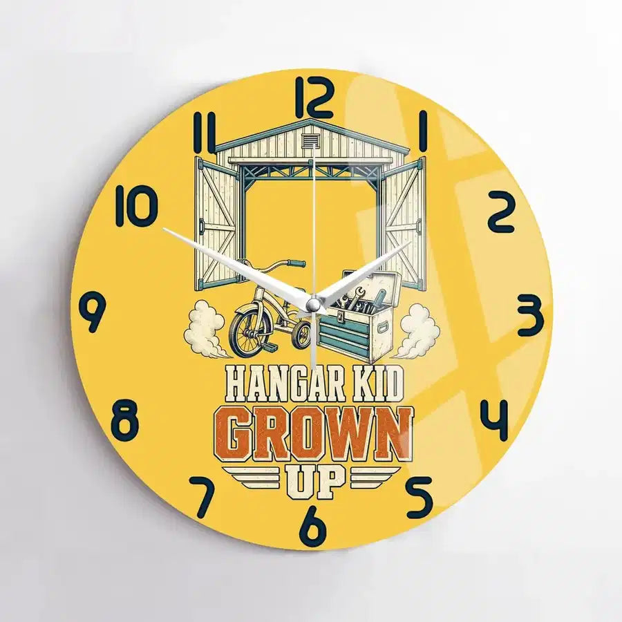 Hangar Kid Grown Up design on yellow no frame wall clock