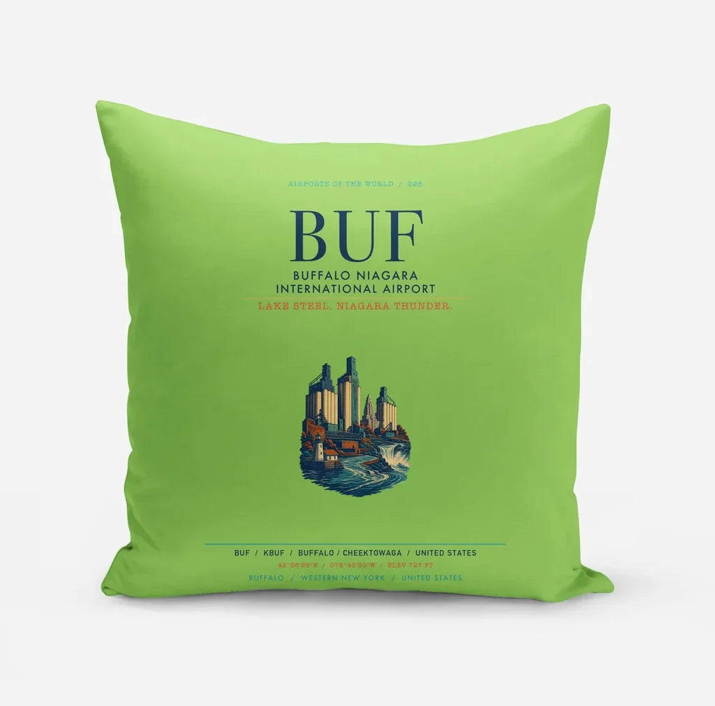 Buffalo Niagara International Airport (BUF) design on light green pillow