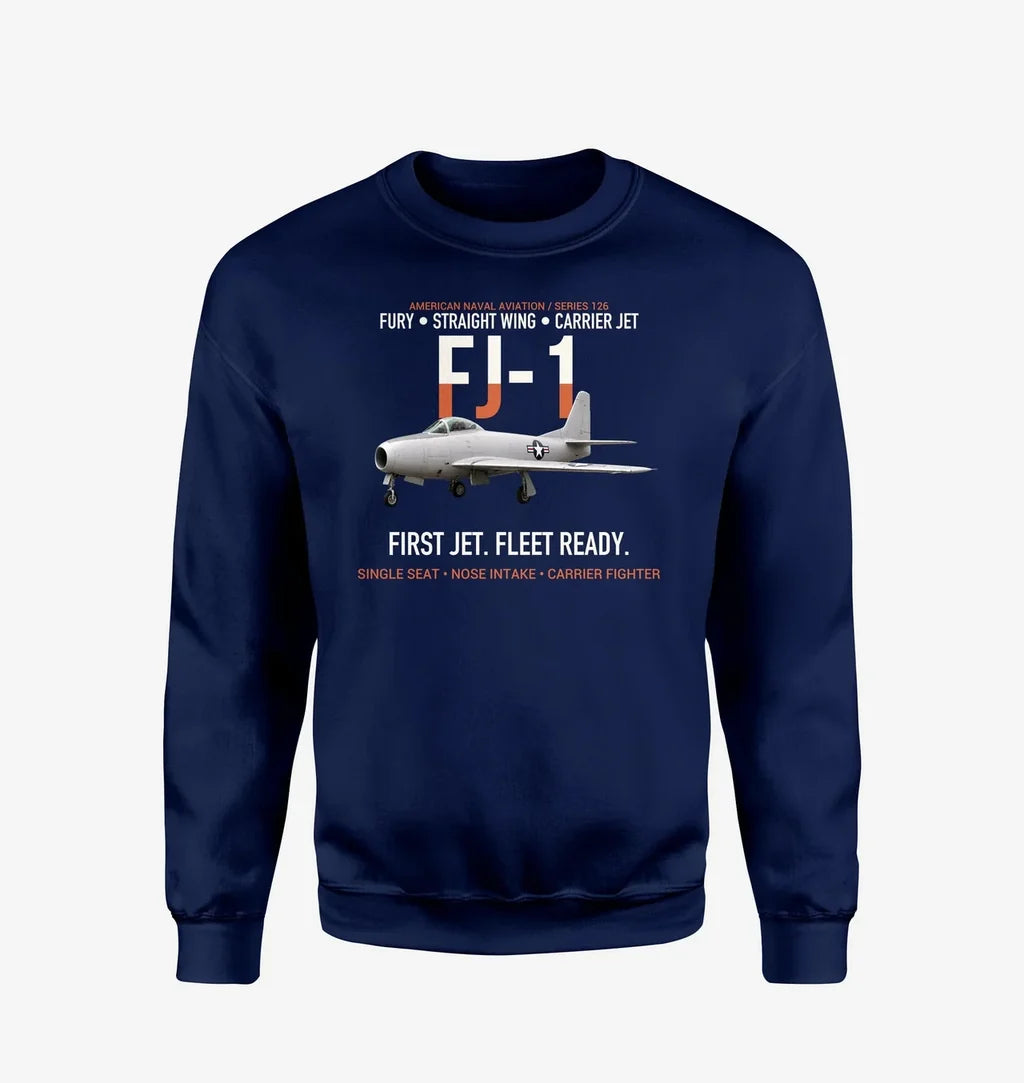 FJ-1 Fury First Fury Straight Wing design on navy blue sweatshirt