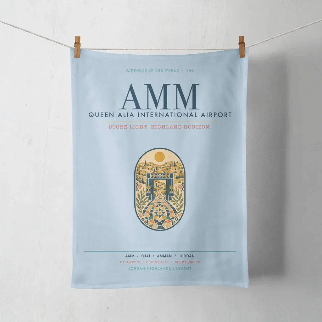 Queen Alia International Airport (AMM) design on light blue towel