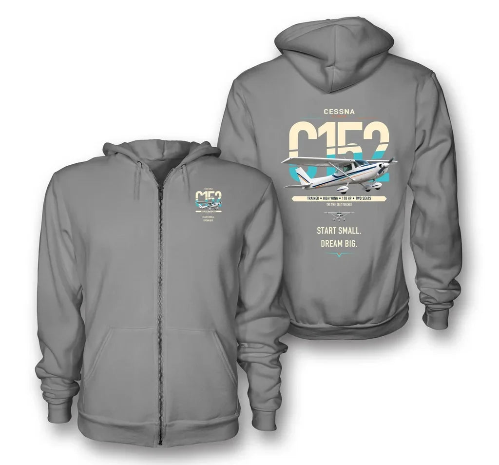 Cessna 152 design on gray premium zipped hoodie, double-side print