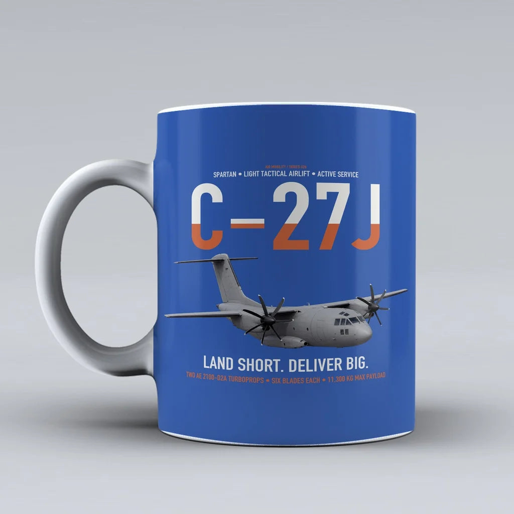 C-27J Spartan design on blue ceramic mug, double-side print