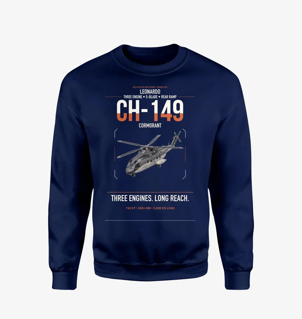 Leonardo CH-149 Cormorant design on navy blue sweatshirt