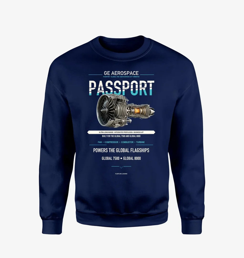 PASSPORT design on navy blue sweatshirt