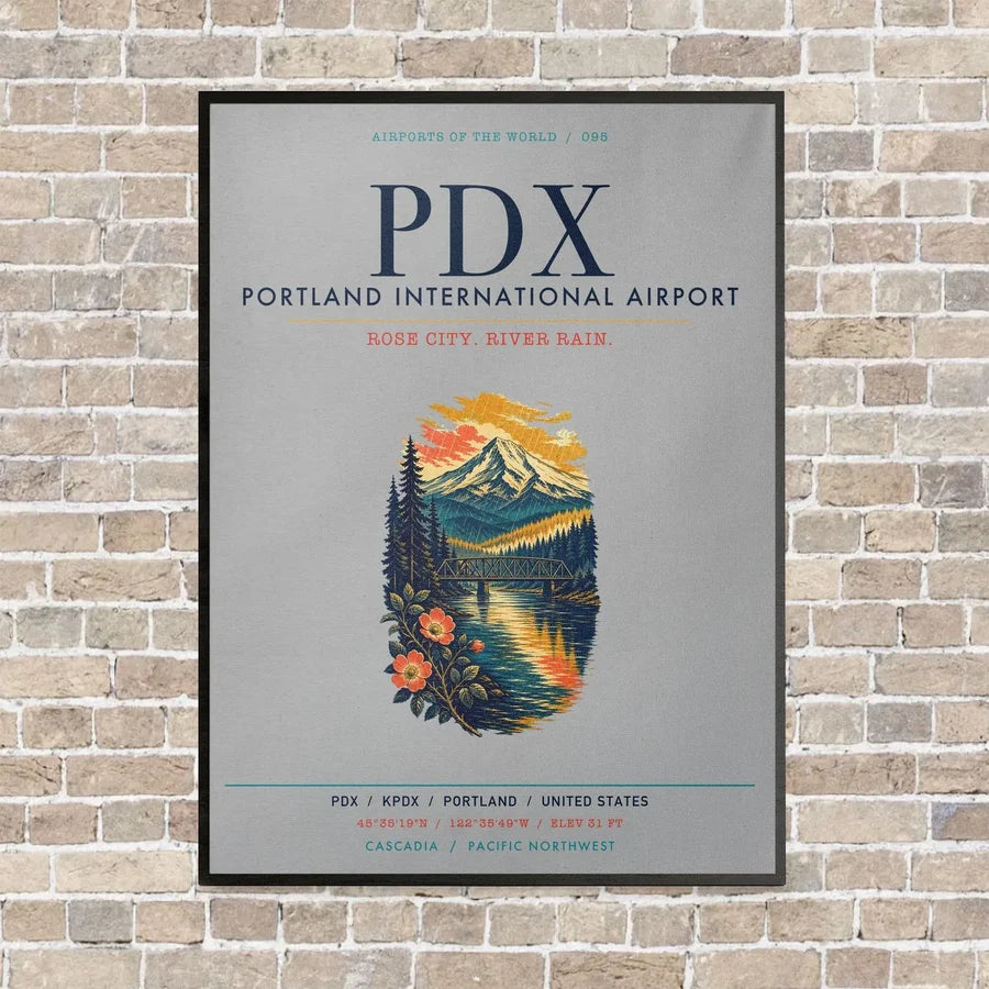 Portland International Airport PDX vertical canvas print - framed - light gray background