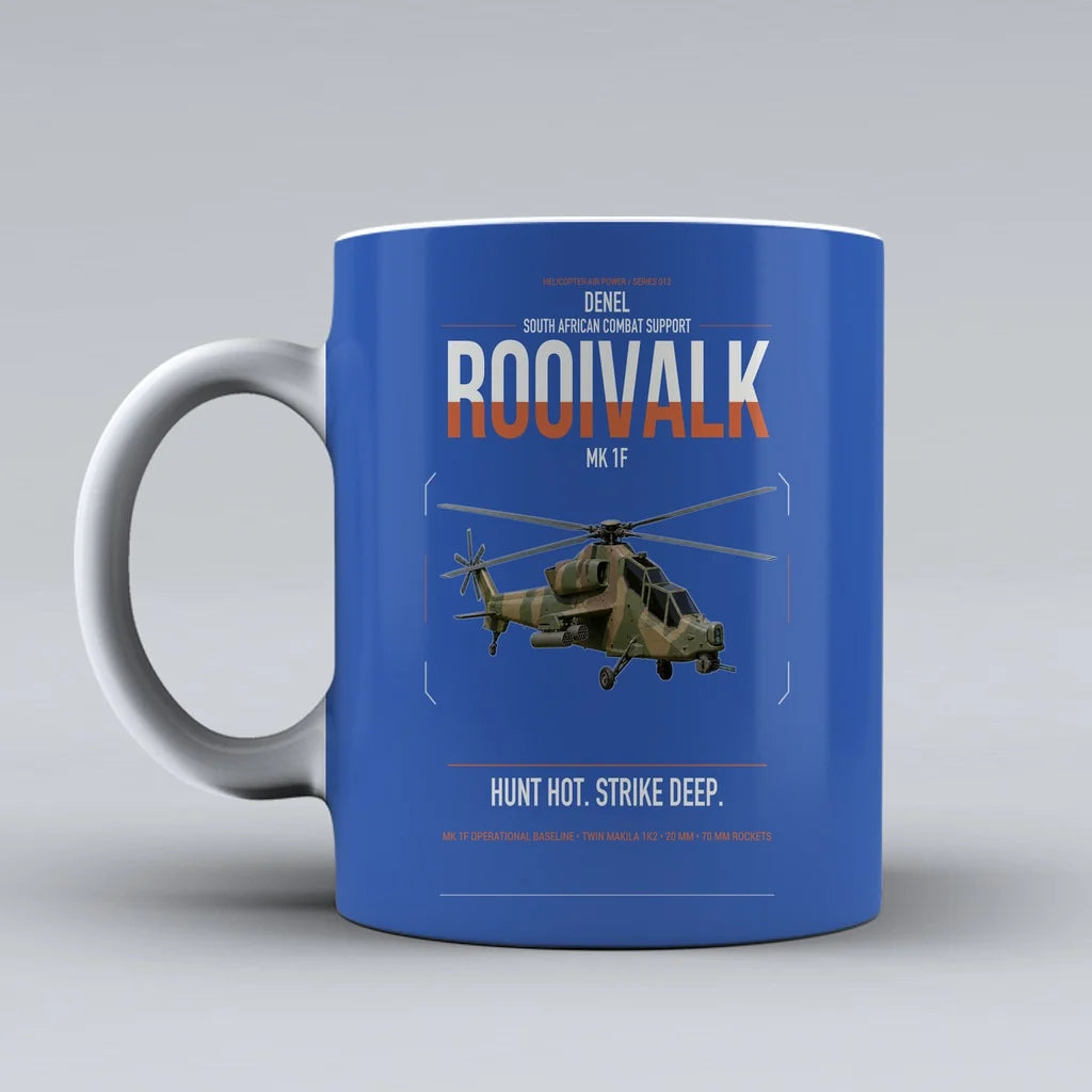 Denel Rooivalk Mk 1F design on blue ceramic mug, double-side print