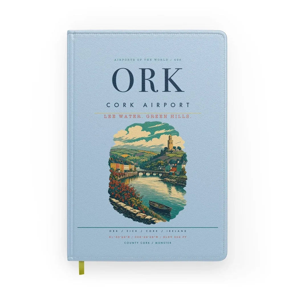 Cork Airport (ORK) design on light blue notebook