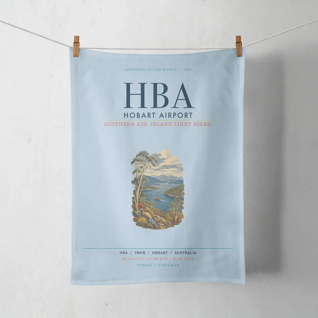 Hobart Airport (HBA) design on light blue towel