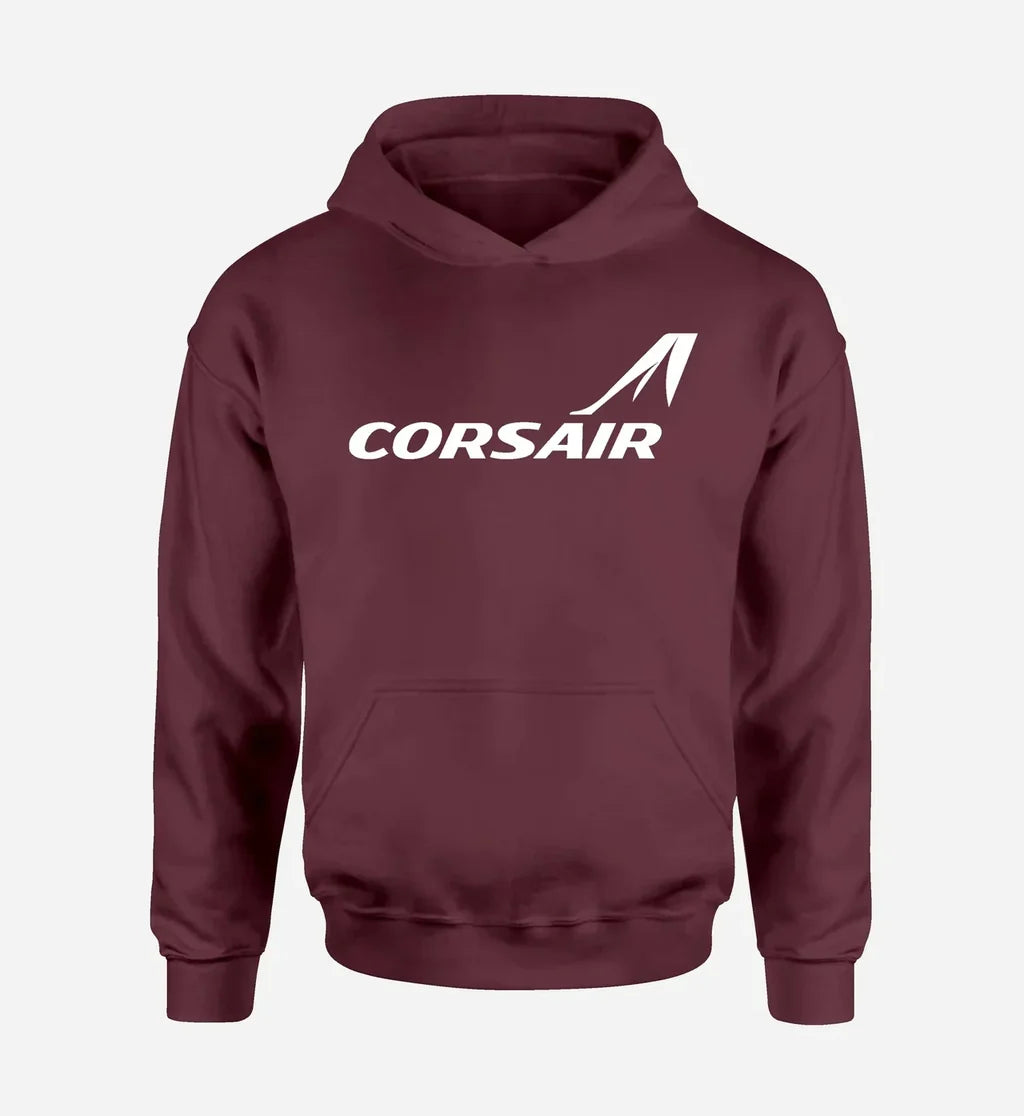 Corsair Airlines logo printed on dark red hoodie