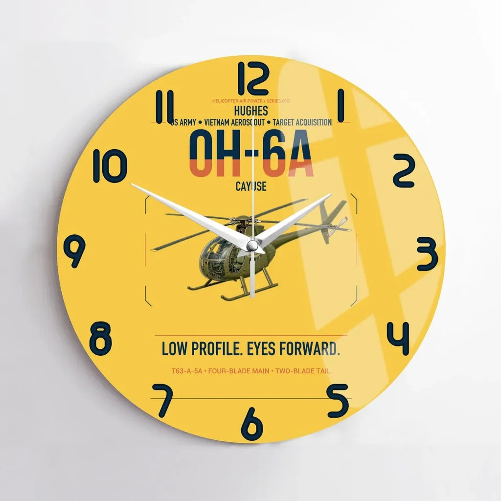 Hughes OH-6A Cayuse design on yellow no frame wall clock
