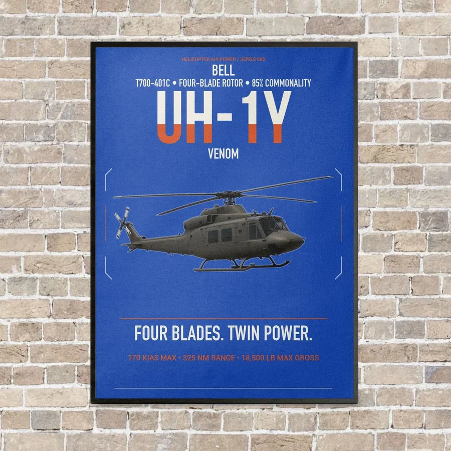 Bell UH-1Y Venom vertical canvas print - framed - blue background