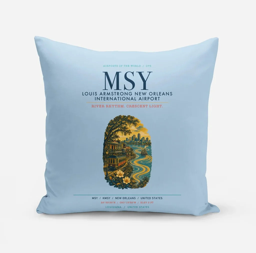 Louis Armstrong New Orleans International Airport (MSY) design on light blue pillow