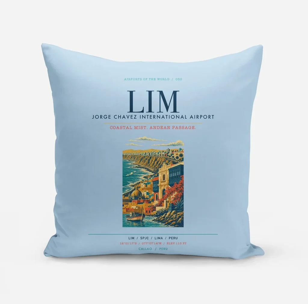 Lima Jorge Chavez International Airport (LIM) design on light blue pillow