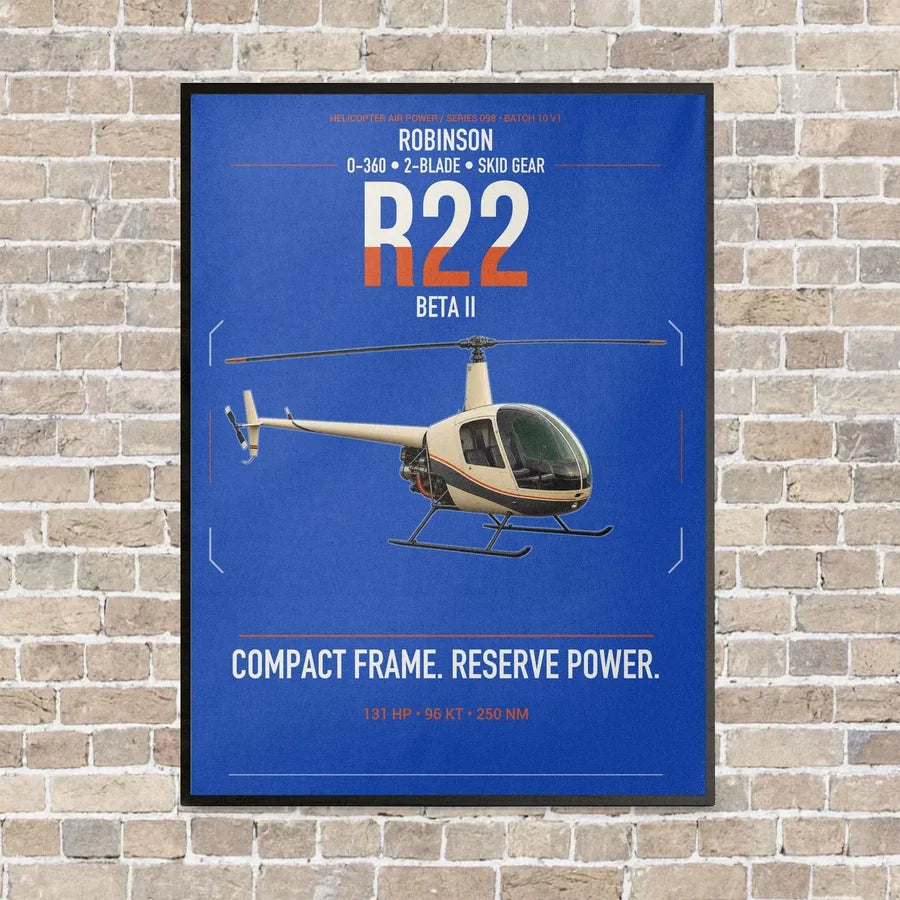 Robinson R22 Beta II vertical canvas print - framed - blue background