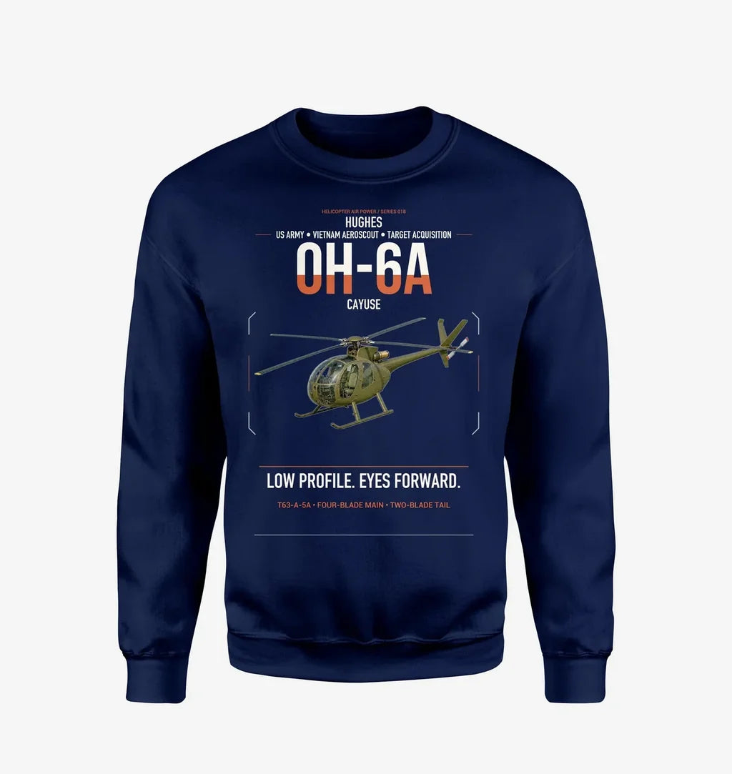 Hughes OH-6A Cayuse design on navy blue sweatshirt