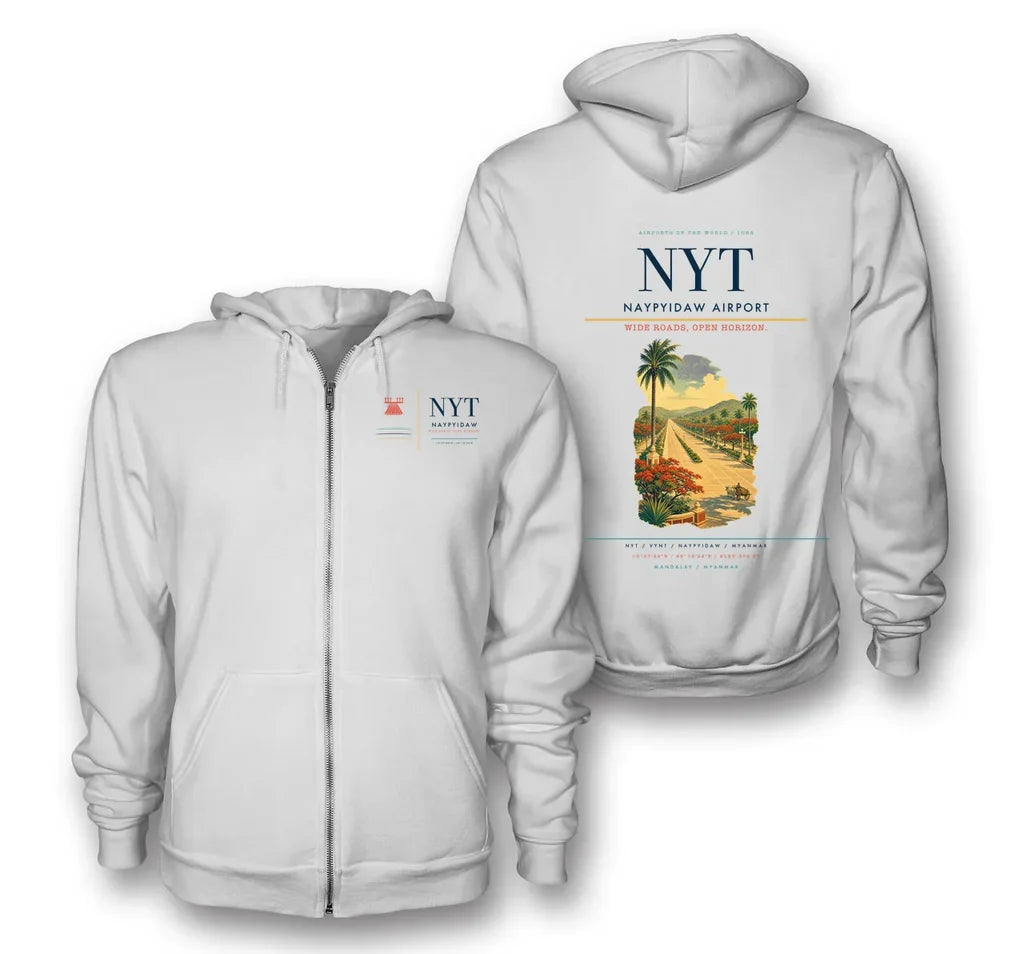 Naypyidaw Airport (NYT) design on white premium zipped hoodie