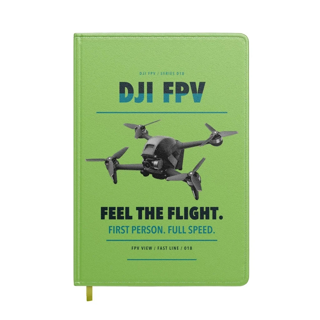 DJI FPV design on light green notebook