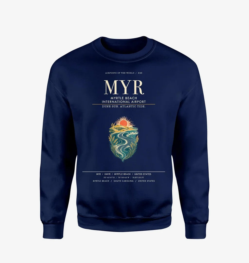Myrtle Beach International Airport (MYR) design on navy blue sweatshirt