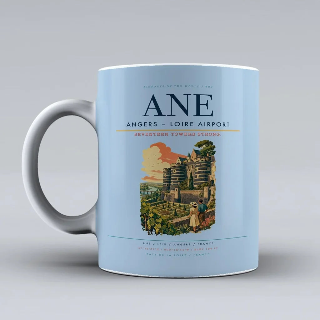 Angers – Loire Airport (ANE) airport code design on light blue ceramic mug