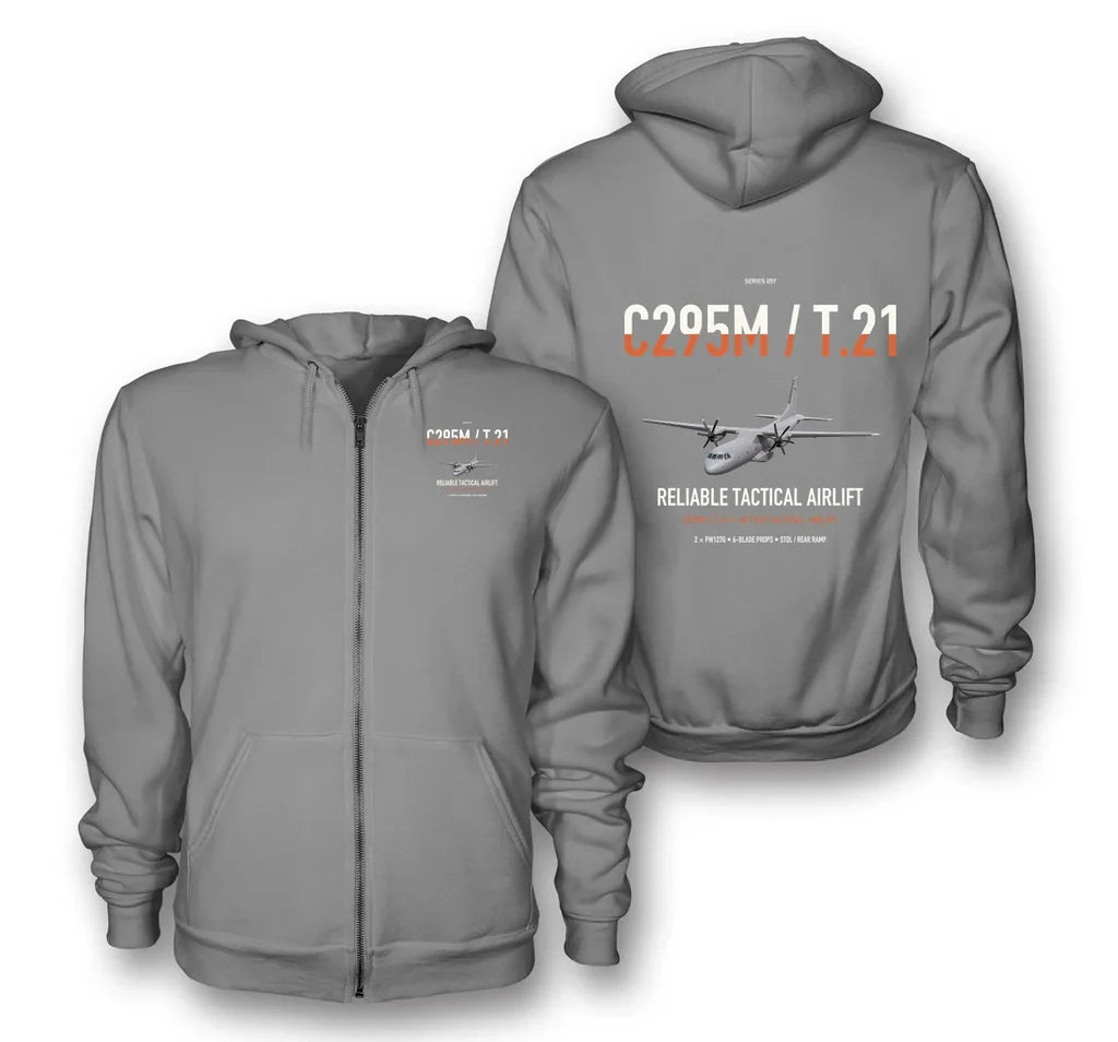 Airbus C295M T.21 design on gray premium zipped hoodie, double-side print