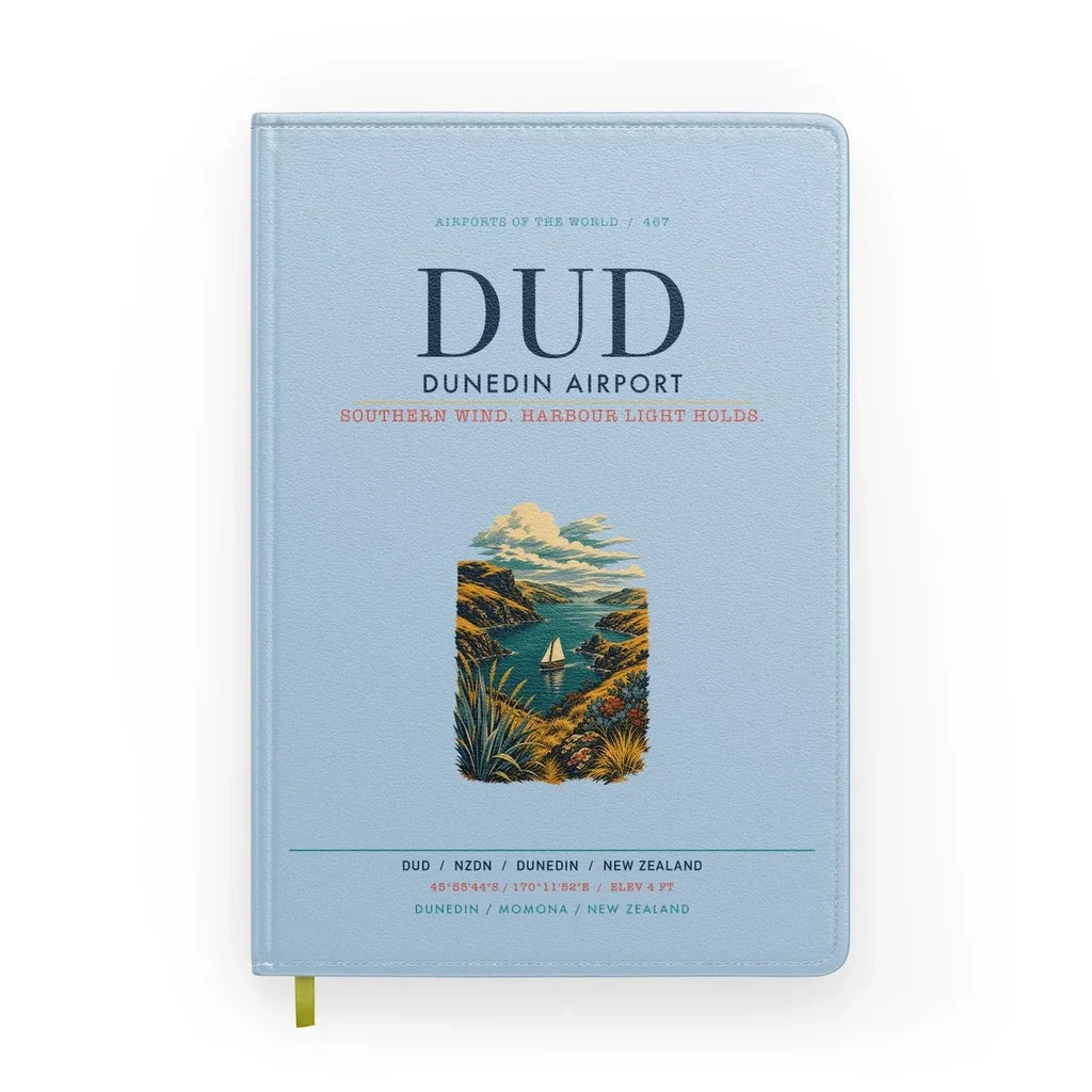Dunedin Airport (DUD) design on light blue notebook