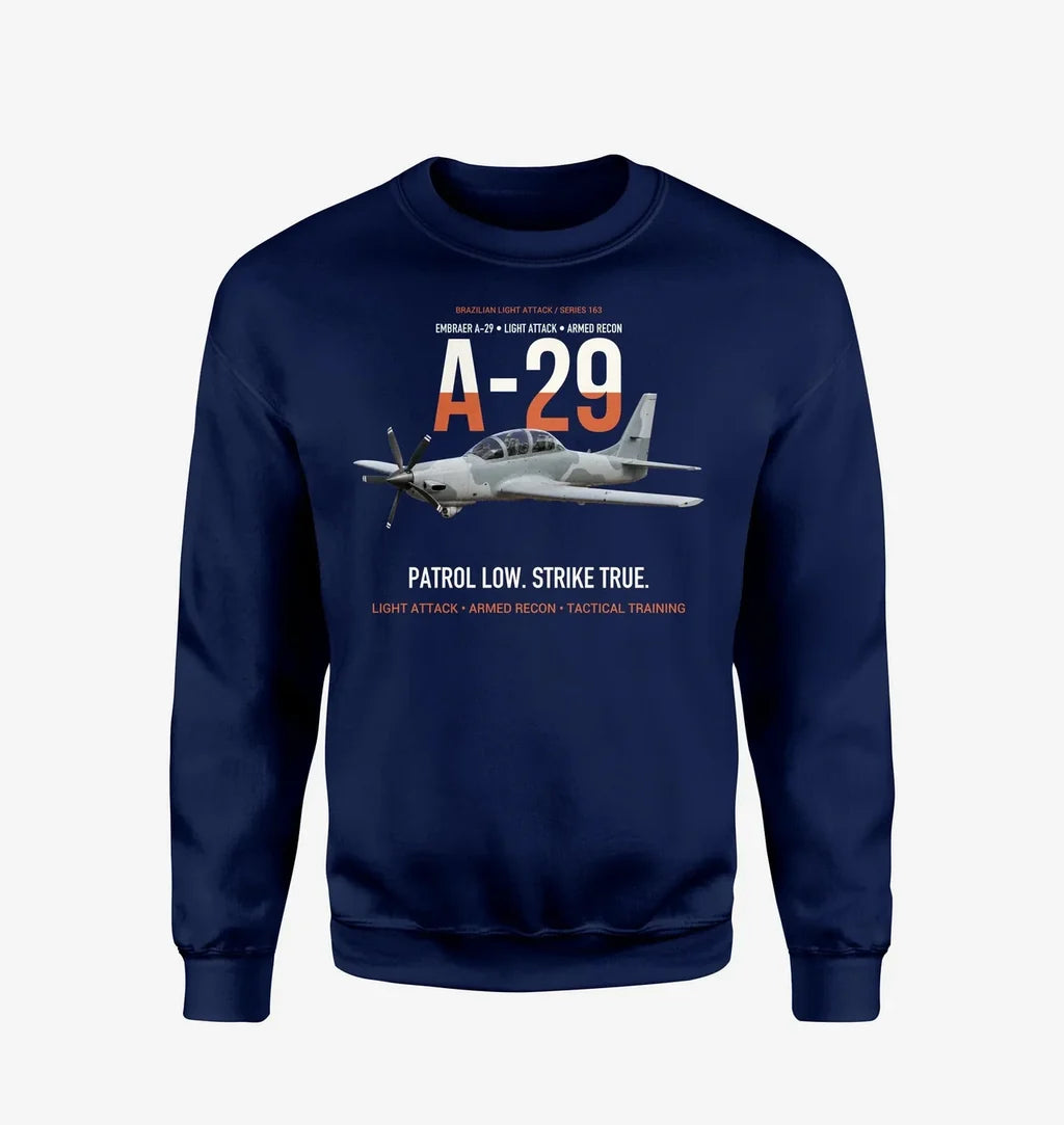 A-29 Super Tucano Light Attack design on navy blue sweatshirt