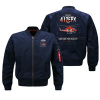 Thumbnail for SUBARU Bell 412EPX design on blue bomber jacket, double-side print