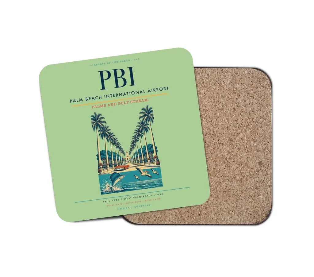 Palm Beach International Airport (PBI) design on light green 1 piece coaster