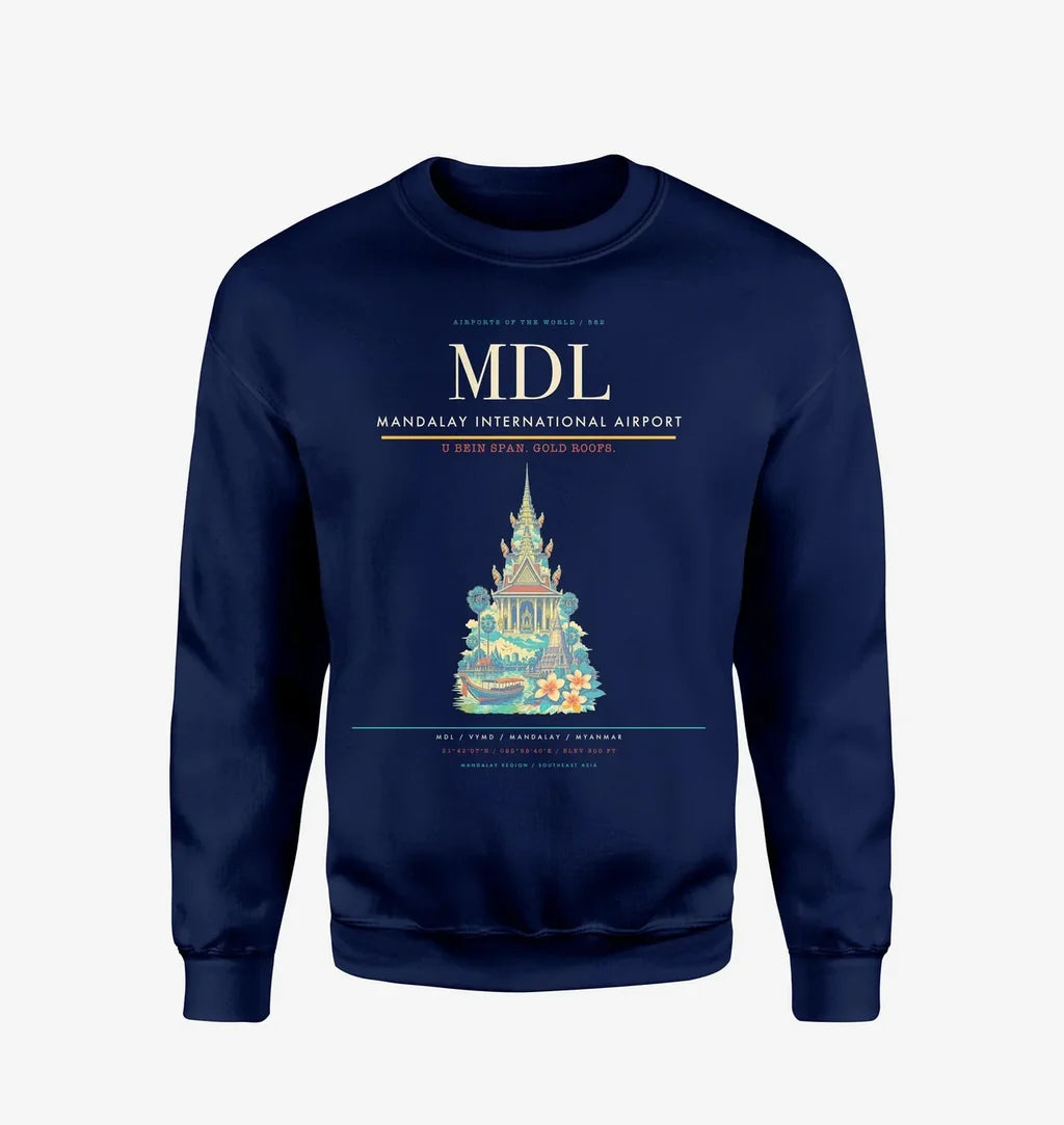 Mandalay International Airport (MDL) design on navy blue sweatshirt