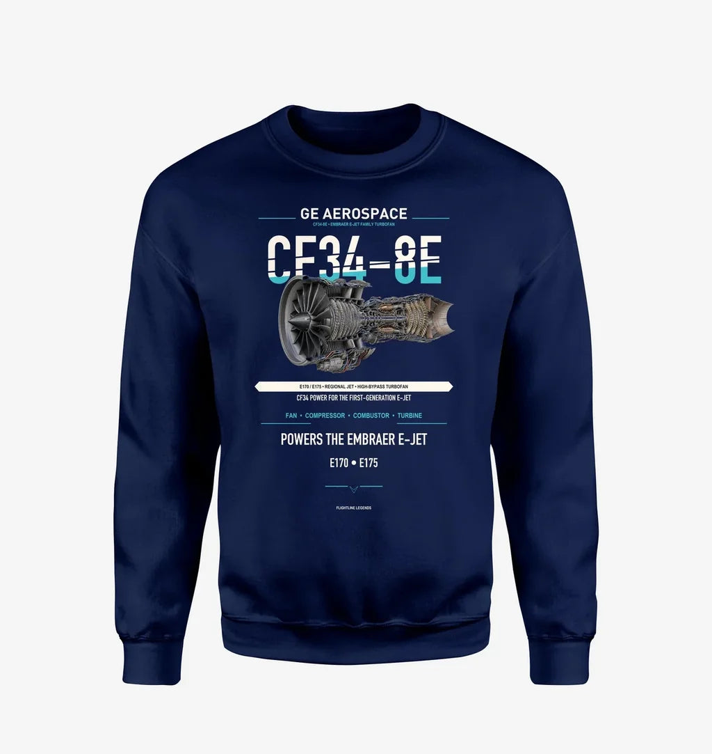 CF34-8E design on navy blue sweatshirt