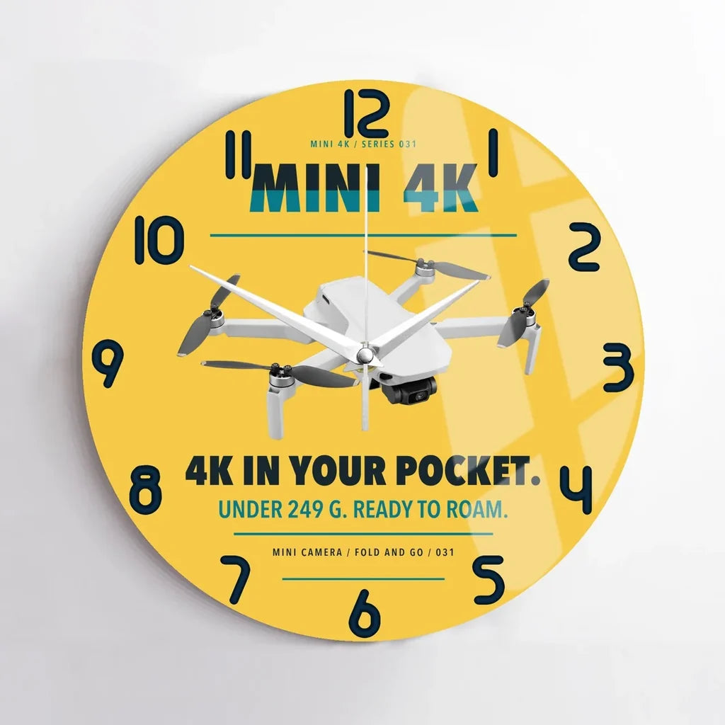 DJI Mini 4K design on yellow no frame wall clock