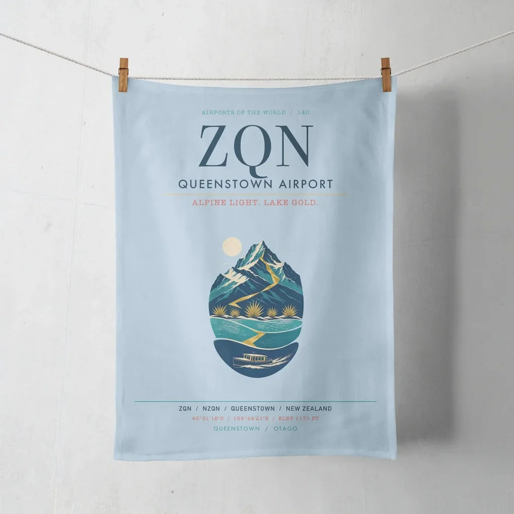 Queenstown Airport (ZQN) design on light blue towel
