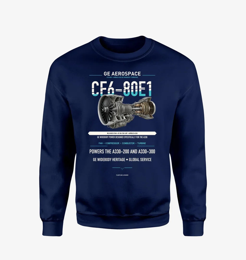 CF6-80E1 design on navy blue sweatshirt