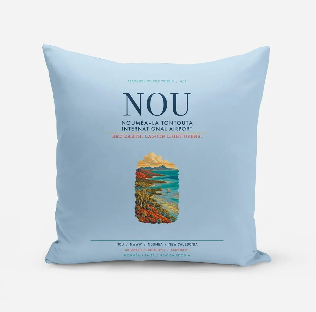 Nouméa–La Tontouta International Airport (NOU) design on light blue pillow