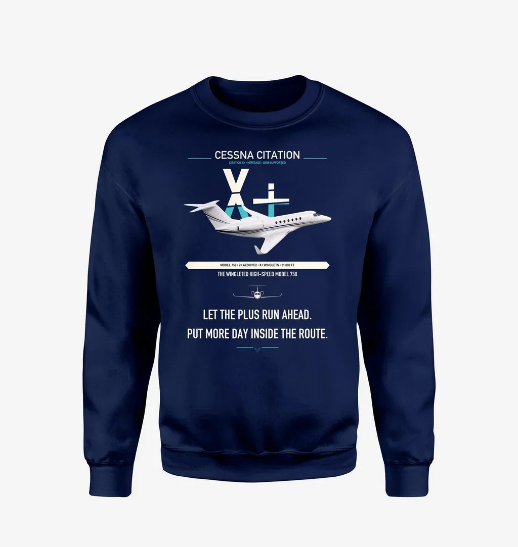 Cessna Citation X+ design on navy blue sweatshirt