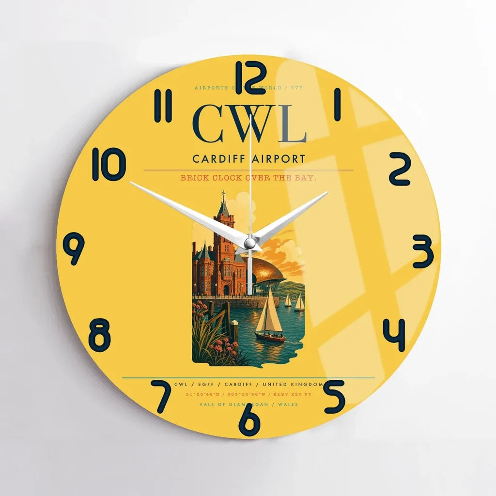 Cardiff Airport (CWL) design on yellow no frame wall clock