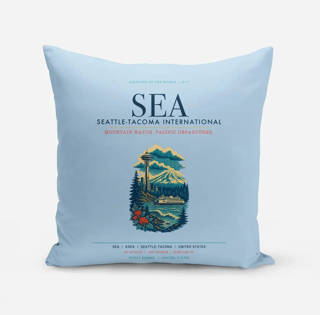 Seattle-Tacoma International Airport (SEA) design on light blue pillow
