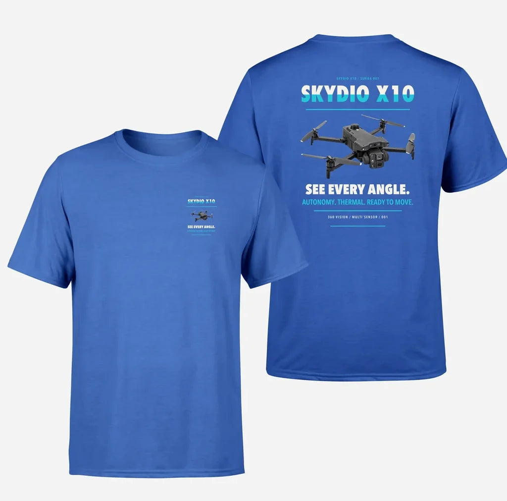 Skydio X10 design on blue t shirt